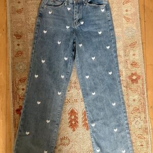 Women's Blue Jeans with White Heart Pattern